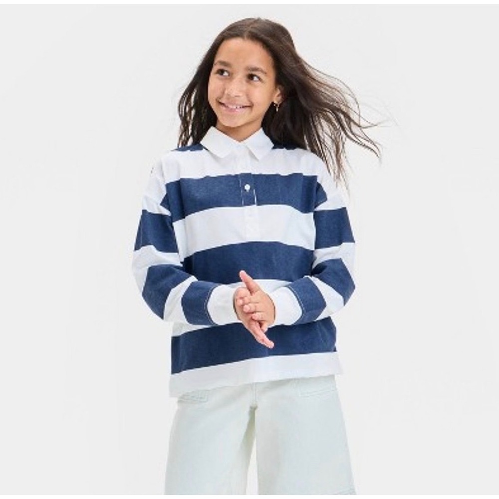Art Class Rugby Shirt Girls Size L 10/12 Blue White NEW Striped Long Sleeve Polo